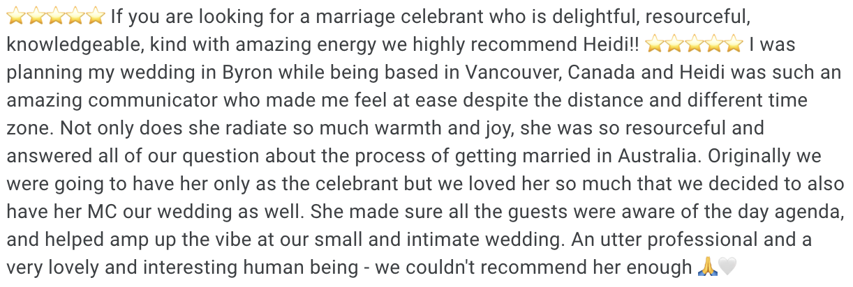 A five star google review for Heidi Robertson, Byron bay celebrant